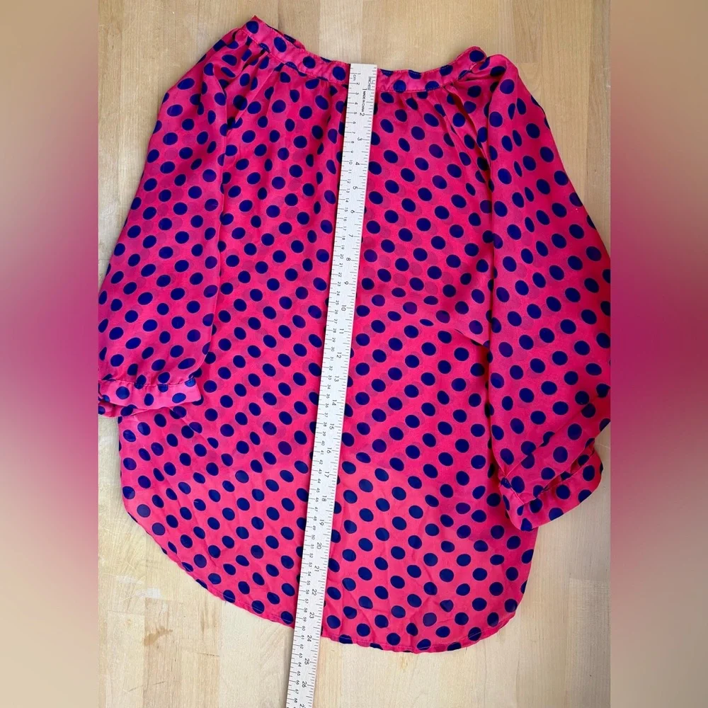 Zunie Junior's Gossamer Blouse LG 14, Pouf 3/4 Sleeve, Fuchsia w/Navy Polka Dots